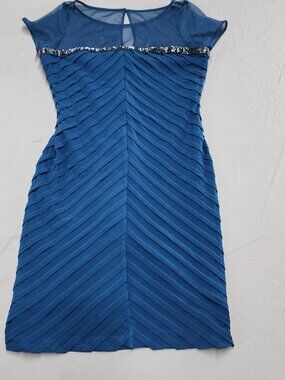 Calvin Klein Navy Blue Sheath Dress Womens Size 12 Mesh Yoke Sequin Pleated